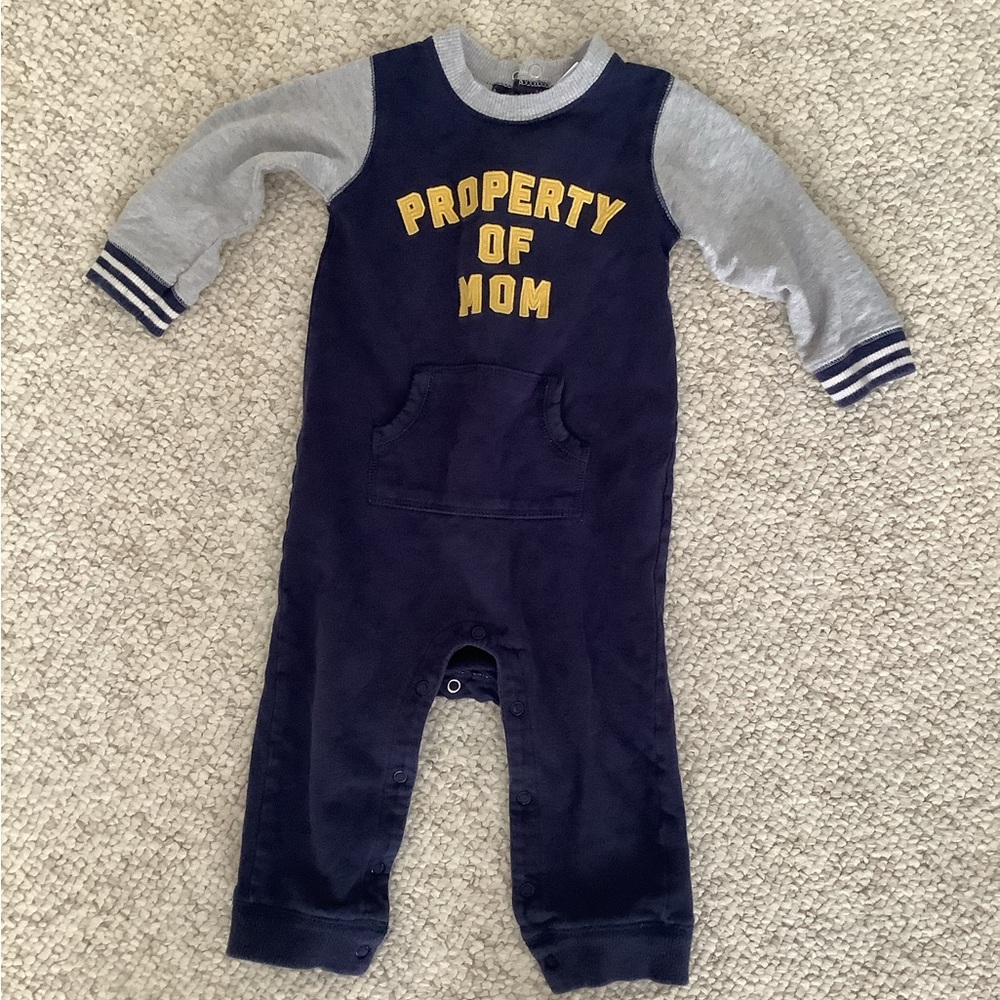 Carter’s Property of Mom One Piece Outfit Long Sleeve Pants Snap Navy Gray 24 M